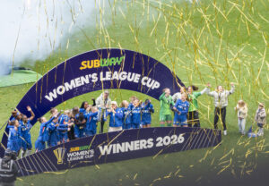 Chelsea Women celebrate lifting the Subway League Cup trophy