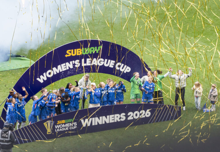 Chelsea Women celebrate lifting the Subway League Cup trophy