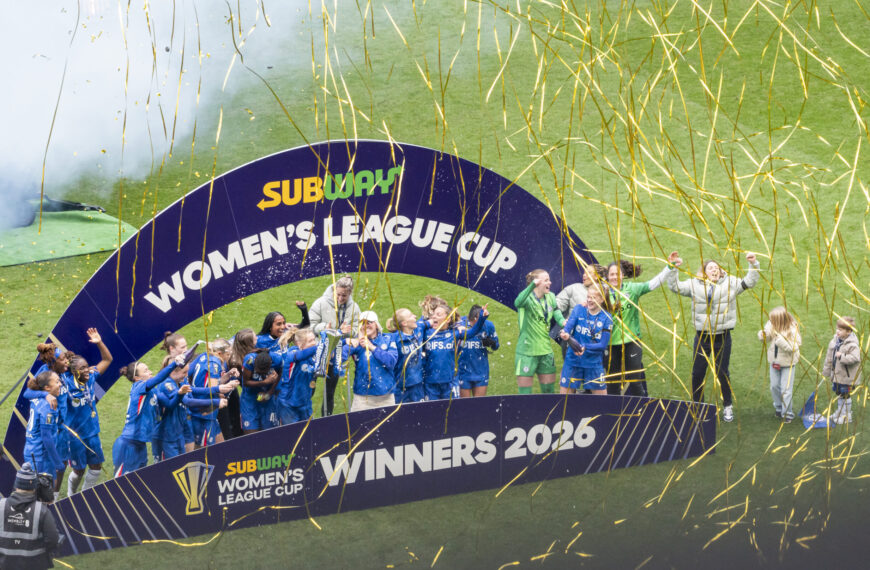 Chelsea Women celebrate lifting the Subway League Cup trophy